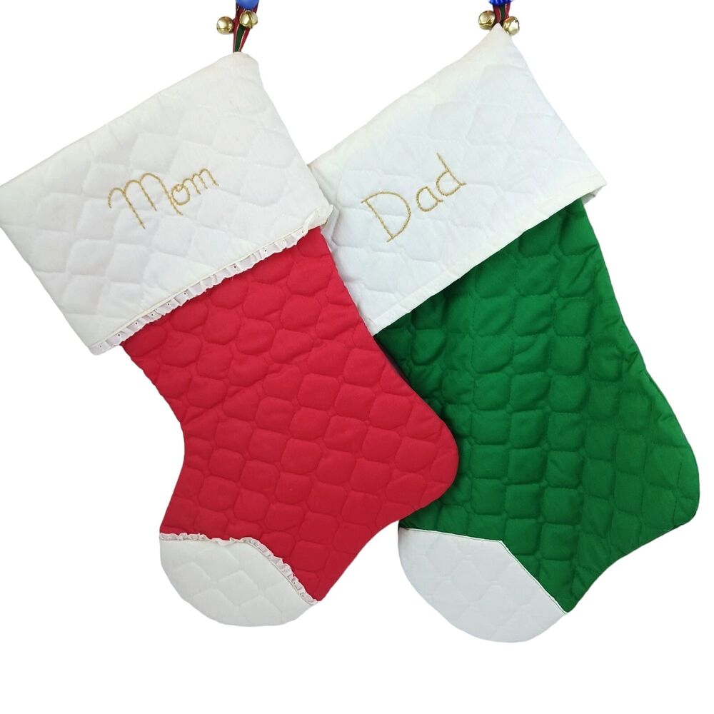 Set Of 2 Large Cotton Quilted Christmas Stockings  Handmade Mom & Dad Vtg